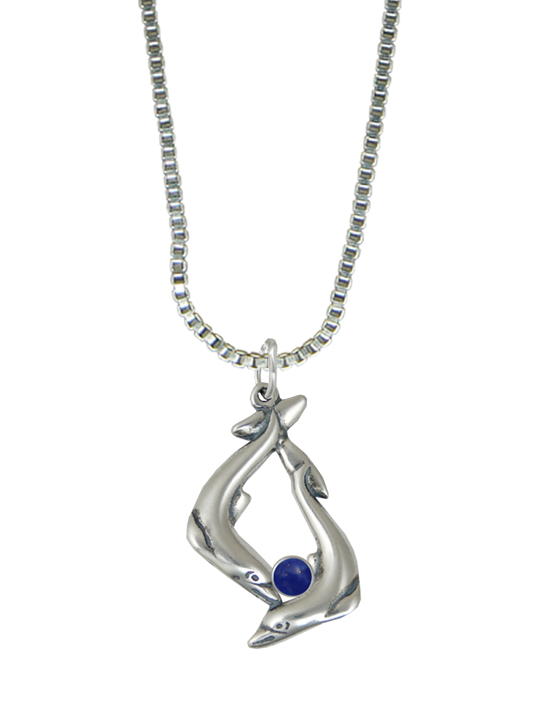 Sterling Silver Dolphins Pendant With Lapis Lazuli